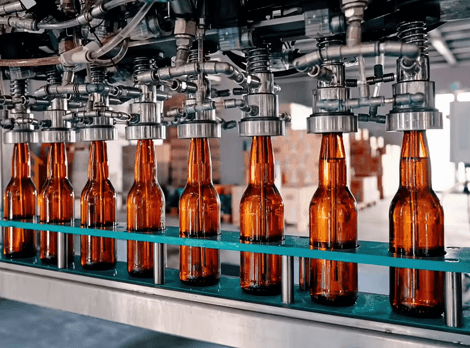 Beer bottles on a bottling line
